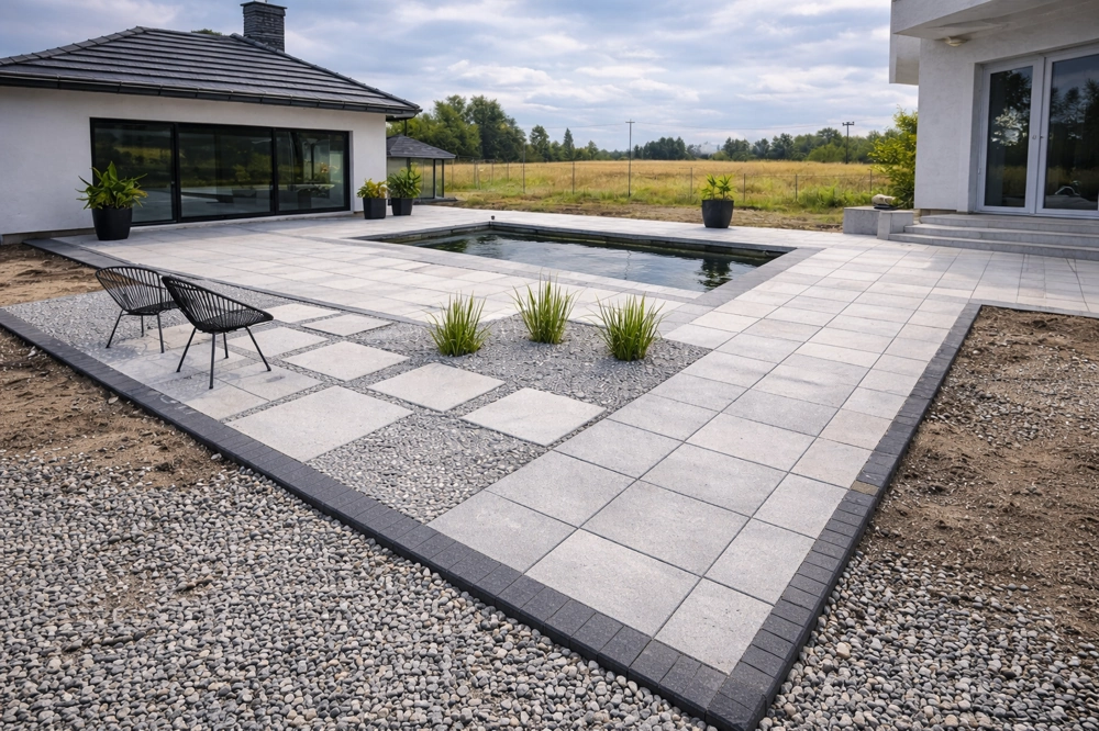 Płyty tarasowe betonowe ułożone wokół basenu jako nowoczesna opaska przy domu z roślinami i krzesłami