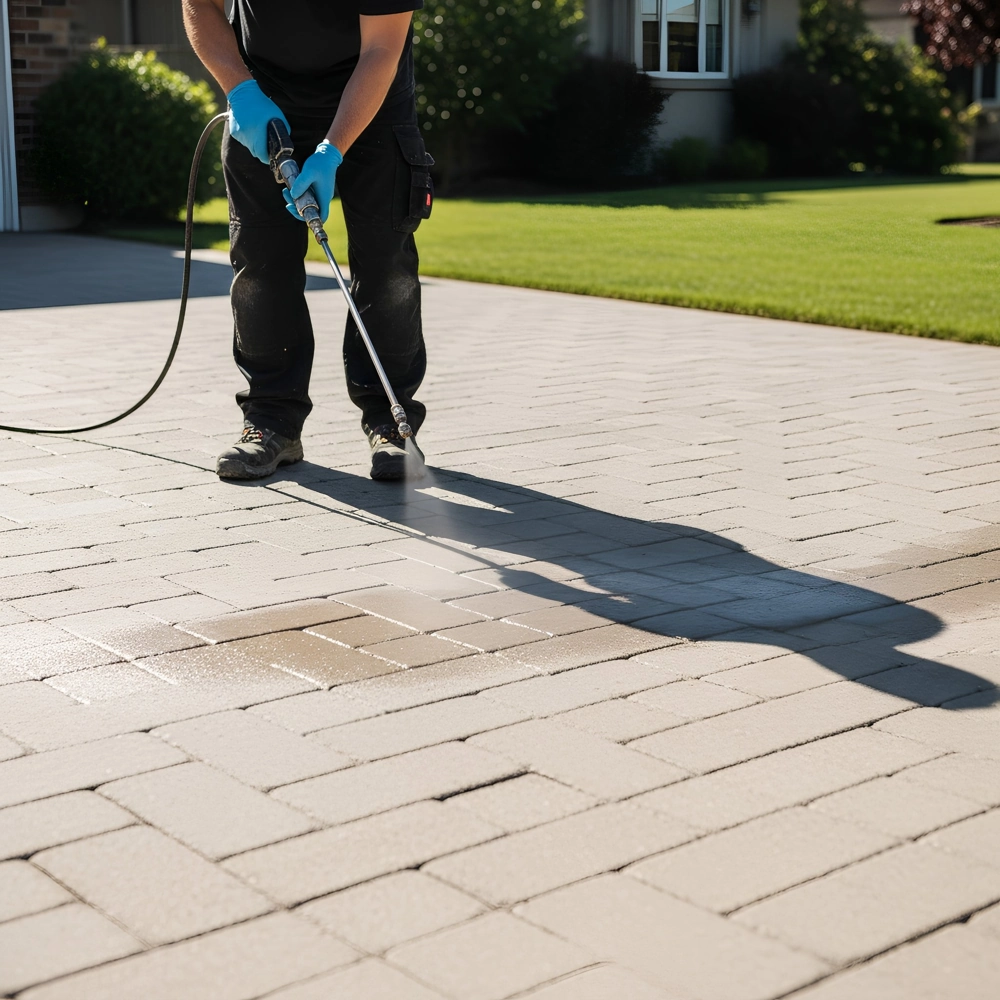 Pracownik czyści kostkę brukową myjką ciśnieniową na podjeździe
