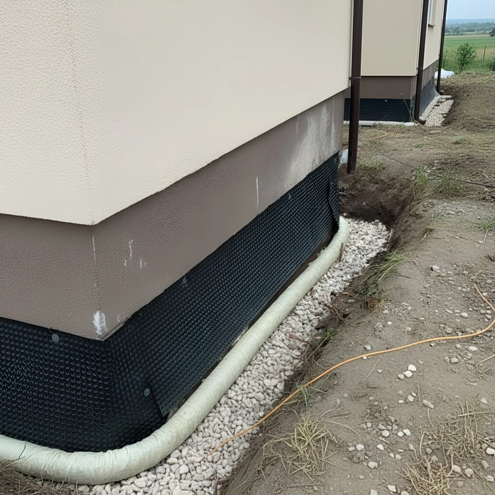 Drenaż opaskowy przy fundamentach budynku z żwirem i rurą drenarską