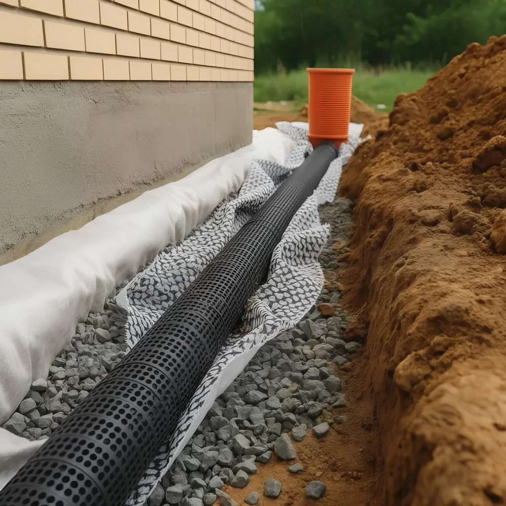 Montaż drenażu opaskowego przy fundamencie domu z rurą drenarską i warstwą kruszywa