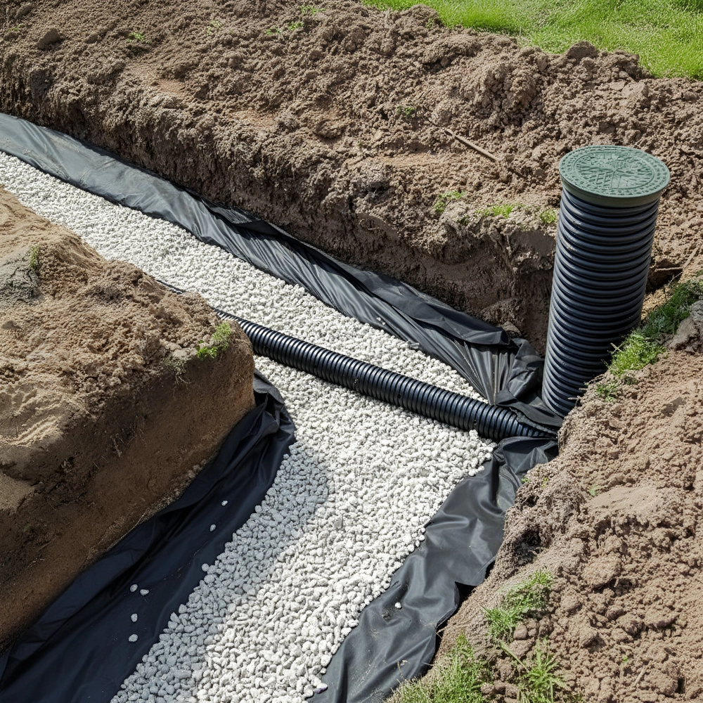 Drenaż z perforowaną rurą w wykopie wyłożonym geowłókniną i żwirem